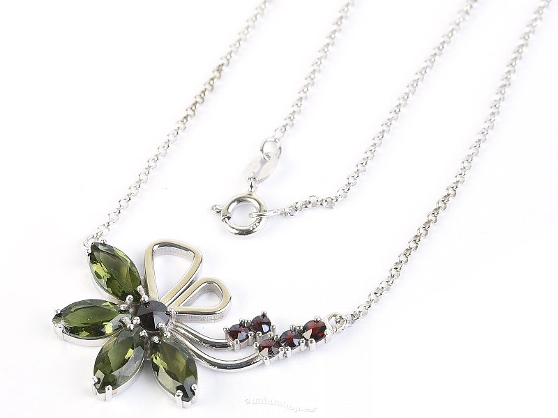 Vltavín + granát brus náhrdelník květina (4+6) Ag 925/1000 49cm