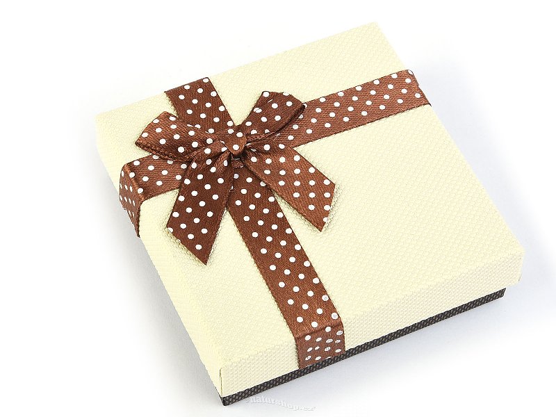 Dárková krabička krémová s puntíky s hnědou mašlí 9 x 9cm