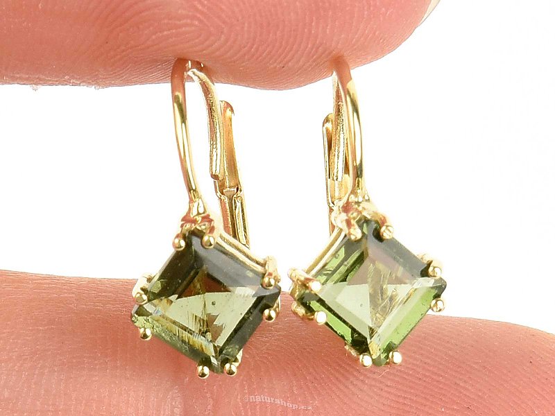Gold earrings moldavite 6 x 6mm  Au 585/1000 14K 2.17g