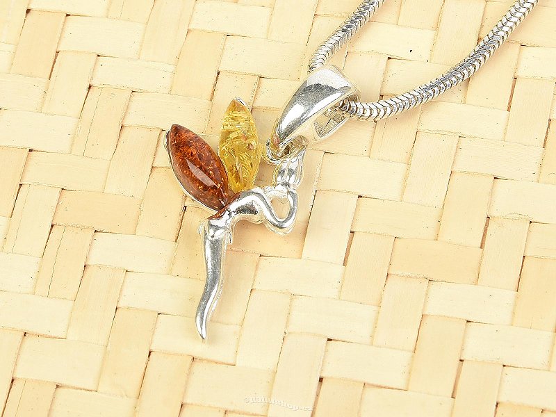 Silver fairy pendant with honey amber + yellow Ag 925/1000