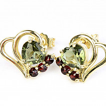 Moldavite and garnet earrings heart 5mm gold Au 585/1000 2,14g