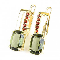 Moldavite and garnet earrings 9 x 6mm gold standard Au 585/1000 14K 4.03g
