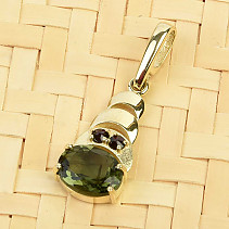 Moldavite and garnets pendant standard cut gold Au 585/1000 1.65g