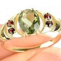 Ring with moldavite and garnets 14K Au 585/1000 3,22g size 54