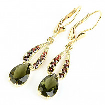 Drop earrings moldavites and garnets standard cut gold 14K 3.79g