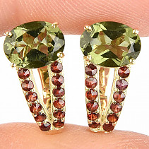 Moldavite earrings and garnets standard cut gold Au 585/1000 14K 3.77g