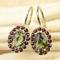 Oval moldavite earrings and garnet checker cut gold Au 585/1000 3.65g