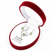Jewelry set with moldavite and zircons heart standard cut Ag 925/1000 + Rh