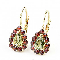 Earrings with moldavite and garnets drop 6 x 4mm gold Au 585/1000 14K standard cut