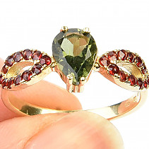 Moldavite and garnets gold ring size 56 standard cut 14K Au 585/100 3.26g
