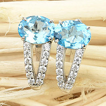 Earrings blue topaz and zircons oval Ag 925/1000