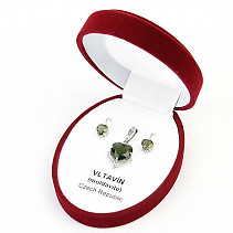Vltavín a zirkony dárková sada šperků Ag 925/1000+Rh srdce standard brus