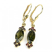 Dangling earrings with moldavite and garnets standard Au 585/1000 14K 4.16g