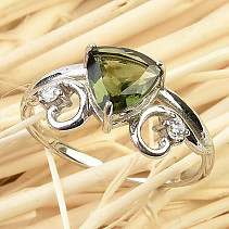 Ring with moldavite and zircons trigon Ag 925/1000 standard cut
