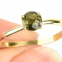 Moldavite round ring 5mm checker top cut gold Au 585/1000 14K size 54 (1.49g)