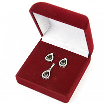 Vltavín a zirkony sada šperků kapka standard brus Ag 925/1000 + Rh