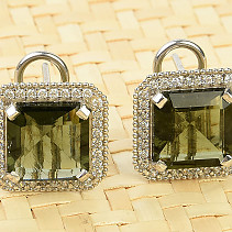 Vltavine and zircons earrings square standard cut Ag 925/1000 6.4g