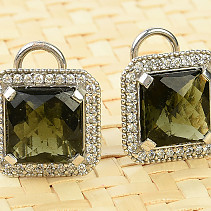 Vltavine and zircons square checker cut earrings Ag 925/1000 6.5g