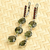 Moldavite and garnet earrings polished 8mm checker top Ag 925/1000 + Rh