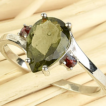Ring with moldavite and garnets drop 9x7mm Ag 925/1000 + Rh