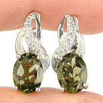Earrings with moldavite and zircons, cut 8x6mm Ag 925/1000