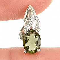 Moldavite pendant with zircons oval cut 8x6mm Ag 925/1000 + Rh