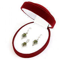 Moldavite + zircons heart jewelry gift set Ag 925/1000 + Rh