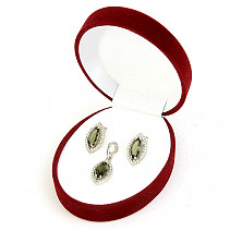 Moldavite and zircons almond-shaped jewelry set Ag 925/1000+Rh