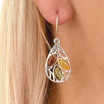 Three-color amber earrings on silver drops Ag 925/1000