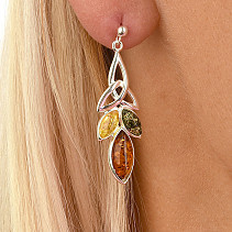 Silver earrings with amber three-color leaf Ag 925/1000