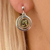 Round silver earrings with green amber Ag 925/1000