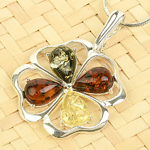 Amber pendant four-leaf clover colored Ag 925/1000