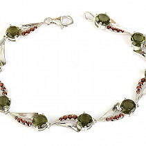 Luxury bracelet of moldavite and garnets stnadard polished Ag 925/1000 + Rh (19cm) 11.2g
