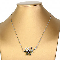 Vltavín + granát brus náhrdelník květina (4+6) Ag 925/1000 45,5cm
