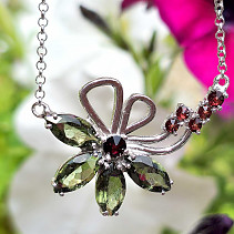Vltavín + granát brus náhrdelník květina (4+6) Ag 925/1000 47,5cm