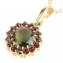 Moldavite standard cut with garnets pendant flower Au 585/1000 3.88g