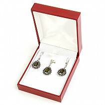 Stříbrné šperky s vltavíny a granáty dárková sada (kapka) Ag 925/1000 + Rh
