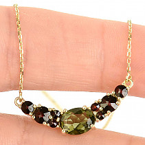 Moldavite and garnets necklace 44.5cm gold Au 585/1000 14K 3.49g