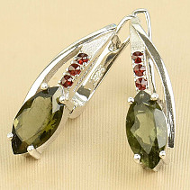 Moldavite and garnet women's elegant earrings Ag 925/1000