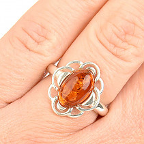 Amber ring honey oval decorated Ag 925/1000