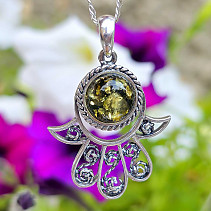 Pendant green amber Hamsa Ag 925/1000 4.4g