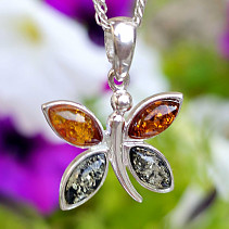 Pendant amber honey and green butterfly Ag 925/1000