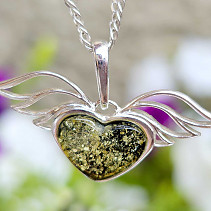 Green amber winged heart pendant Ag 925/1000