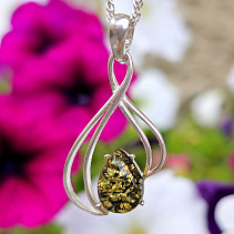 Amber green drop pendant decorated with silver Ag 925/1000