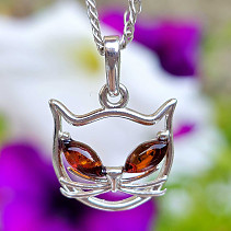 Amber cat honey pendant Ag 925/1000