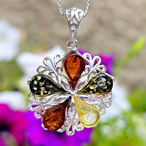 Amber pendant decorated with a colored flower Ag 925/1000