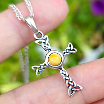 Yellow amber Celtic cross pendant Ag 925/1000