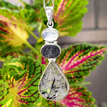 Tourmaline in crystal, scoryl tourmaline and moonstone pendant Ag 925/1000 18.2g