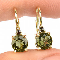 Vltavín 6mm and garnet earrings gold Au 585/1000 14K 3.03g