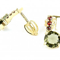 Vltavín and garnet earrings gold Au 585/1000 14K 2.41g